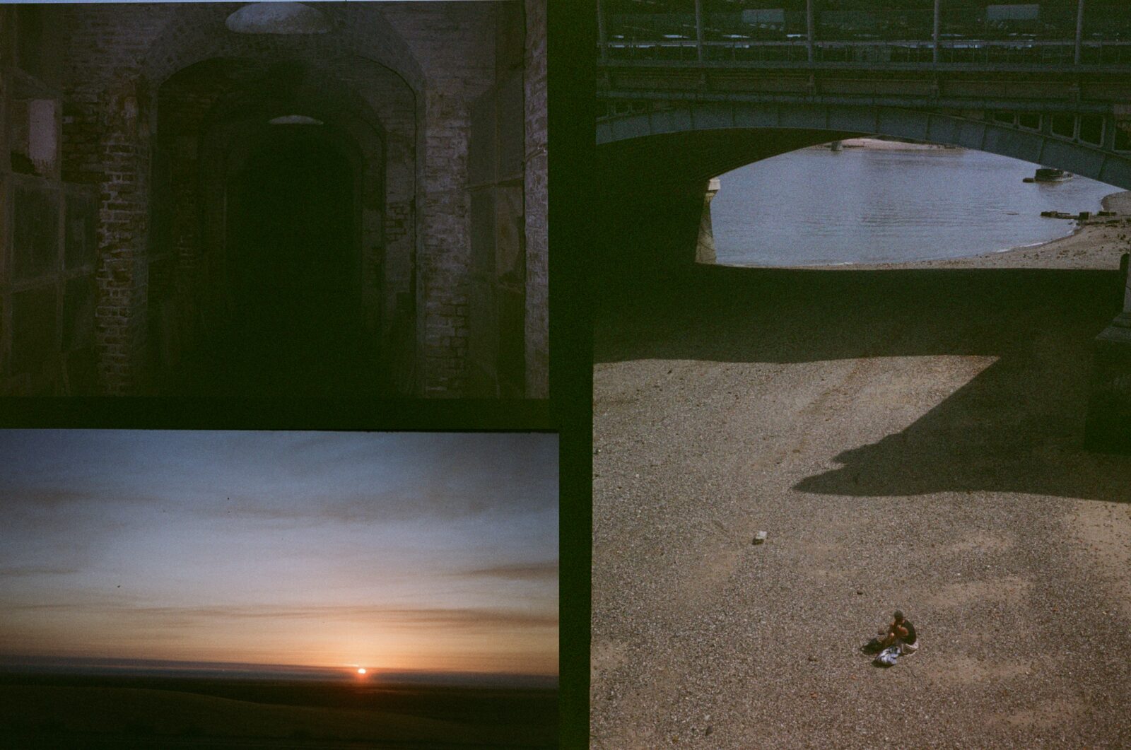a brick tunnel, a sunset and a person sitting under a bridge on the thames foreshore
