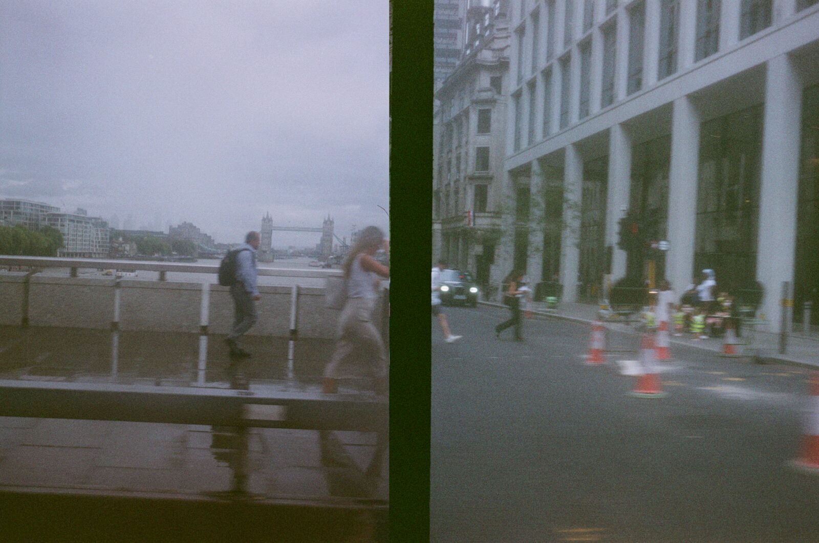 tower bridge from london bridge and a street in the city